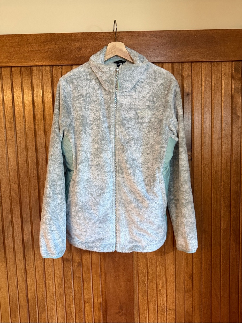 The North Face Pale Green Teddy Jacket with Quilted Side Panels